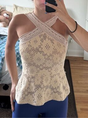 BCBGMAXAZRIA Beige Lace Peplum Halter Top XS